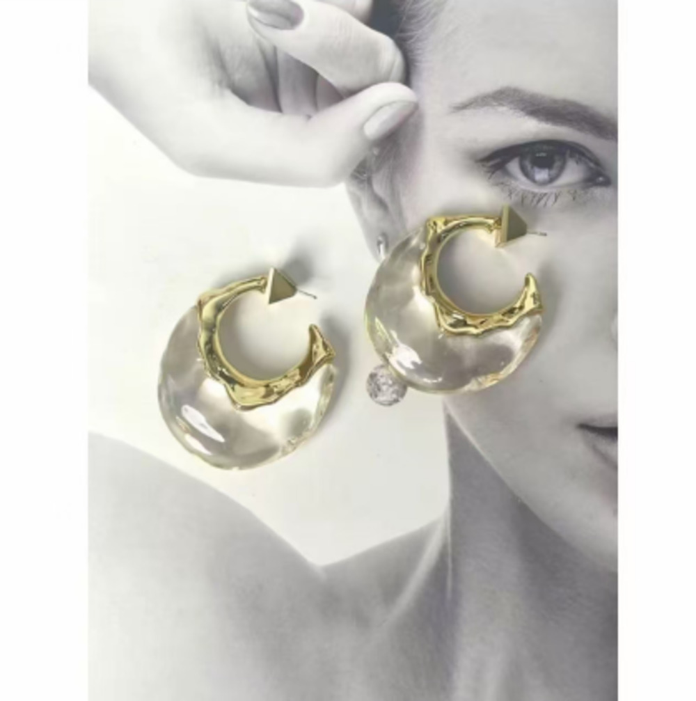 Alexis Bittar • Puffy gold, and Clear liquid Lucite Moon Hoop Earrings